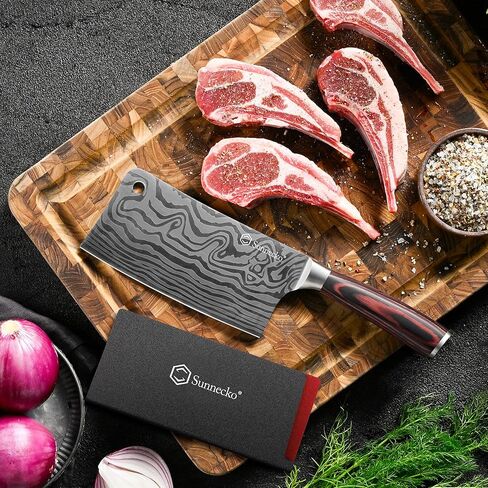 سكين الساطور Sunnecko مقاس 7 بوصات يظل حادًا لفترة أطول - سكين ساطور اللحوم متعدد الأغراض من الفولاذ عالي الكربون - سكين الجزار الصيني القوي مع غمد وصندوق هدايا لتقطيع اللحوم وتقطيع الخضروات in Kuwait