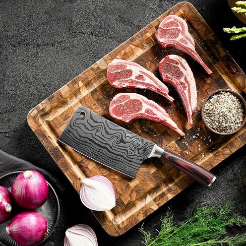 سكين الساطور Sunnecko مقاس 7 بوصات يظل حادًا لفترة أطول - سكين ساطور اللحوم متعدد الأغراض من الفولاذ عالي الكربون - سكين الجزار الصيني القوي مع غمد وصندوق هدايا لتقطيع اللحوم وتقطيع الخضروات in Kuwait
