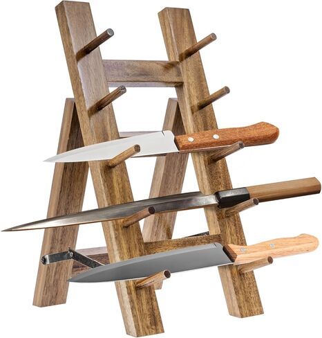 MyGift 5 Tier Premium Acacia Solid Wood حامل سكاكين المطبخ العالمي، حامل عرض أدوات مائدة قابل للطي على شكل حرف A، رف تجفيف تخزين سكاكين الشيف in Kuwait