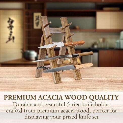 MyGift 5 Tier Premium Acacia Solid Wood حامل سكاكين المطبخ العالمي، حامل عرض أدوات مائدة قابل للطي على شكل حرف A، رف تجفيف تخزين سكاكين الشيف in Kuwait