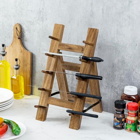 MyGift 5 Tier Premium Acacia Solid Wood حامل سكاكين المطبخ العالمي، حامل عرض أدوات مائدة قابل للطي على شكل حرف A، رف تجفيف تخزين سكاكين الشيف in Kuwait