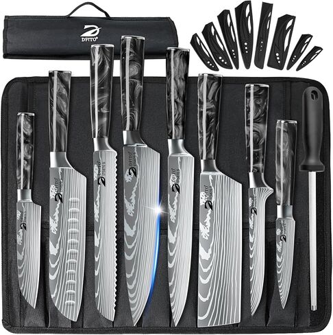 Dfito Chef Knife Sets with Roll Bag, 9 Pieces Professional Knife Set with Sharpener, High Carbon Stainless Steel Kitchen Knife Set with Black Resin Handle, Dishwasher Safe, Chef Gifts in Kuwait