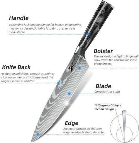 Dfito Chef Knife Sets with Roll Bag, 9 Pieces Professional Knife Set with Sharpener, High Carbon Stainless Steel Kitchen Knife Set with Black Resin Handle, Dishwasher Safe, Chef Gifts in Kuwait