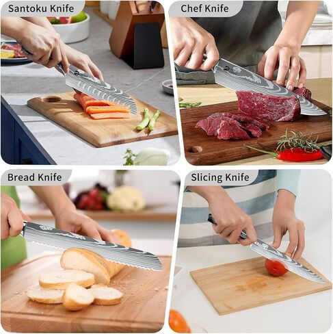 Dfito Chef Knife Sets with Roll Bag, 9 Pieces Professional Knife Set with Sharpener, High Carbon Stainless Steel Kitchen Knife Set with Black Resin Handle, Dishwasher Safe, Chef Gifts in Kuwait