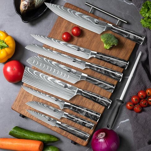Dfito Chef Knife Sets with Roll Bag, 9 Pieces Professional Knife Set with Sharpener, High Carbon Stainless Steel Kitchen Knife Set with Black Resin Handle, Dishwasher Safe, Chef Gifts in Kuwait