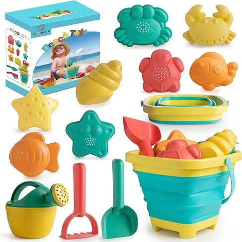 Beach Toys for Kids - Sand Toys Set Includes Collapsible Sand Bucket Shovel and Sand Rake Toys for Beach 12 PCS, Sandbox Toys Sandcastle Building Kit with Waterproof Net (A) in Saudi Arabia