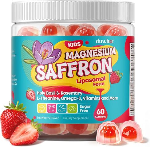 duwhot Saffron for Kids Gummies Free Sugar، مكمل الزعفران المغنيسيوم مع الريحان المقدس، إكليل الجبل، أوميغا 3 والفيتامينات للأطفال السعداء، دعم الدماغ والطاقة والرؤية، نباتي، عضوي، 60 قطعة قابلة للمضغ in Kuwait