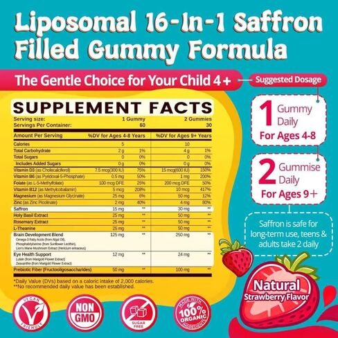 duwhot Saffron for Kids Gummies Free Sugar، مكمل الزعفران المغنيسيوم مع الريحان المقدس، إكليل الجبل، أوميغا 3 والفيتامينات للأطفال السعداء، دعم الدماغ والطاقة والرؤية، نباتي، عضوي، 60 قطعة قابلة للمضغ in Kuwait