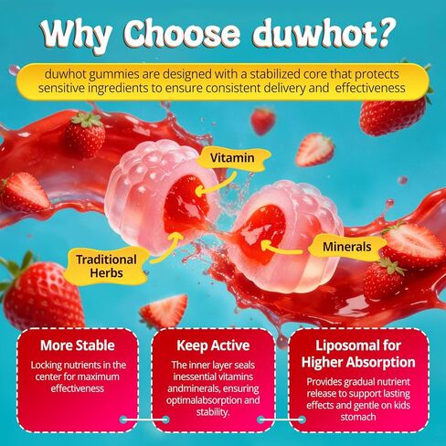 duwhot Saffron for Kids Gummies Free Sugar، مكمل الزعفران المغنيسيوم مع الريحان المقدس، إكليل الجبل، أوميغا 3 والفيتامينات للأطفال السعداء، دعم الدماغ والطاقة والرؤية، نباتي، عضوي، 60 قطعة قابلة للمضغ in Kuwait