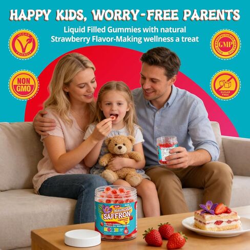 duwhot Saffron for Kids Gummies Free Sugar، مكمل الزعفران المغنيسيوم مع الريحان المقدس، إكليل الجبل، أوميغا 3 والفيتامينات للأطفال السعداء، دعم الدماغ والطاقة والرؤية، نباتي، عضوي، 60 قطعة قابلة للمضغ in Kuwait