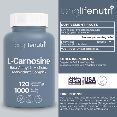 LongLifeNutri L-Carnosine 1000mg - مكمل Beta-Alanyl-L-Histidine للطاقة الخلوية ووضوح الدماغ، 120 كبسولة نباتية، كمية تكفي لمدة شهرين، معتمد من GMP، صنع في الولايات المتحدة الأمريكية in Kuwait
