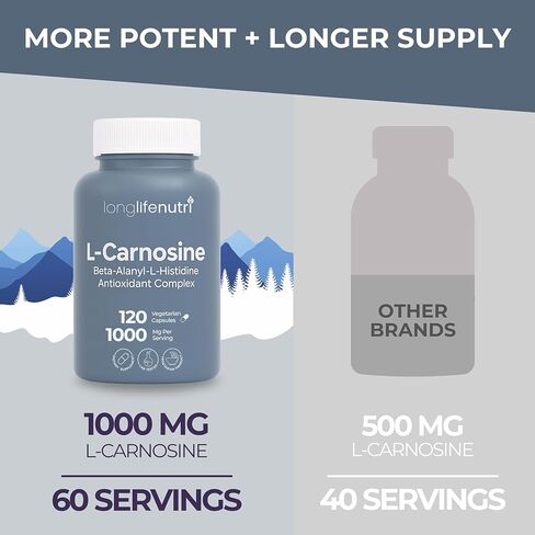 LongLifeNutri L-Carnosine 1000mg - مكمل Beta-Alanyl-L-Histidine للطاقة الخلوية ووضوح الدماغ، 120 كبسولة نباتية، كمية تكفي لمدة شهرين، معتمد من GMP، صنع في الولايات المتحدة الأمريكية in Kuwait