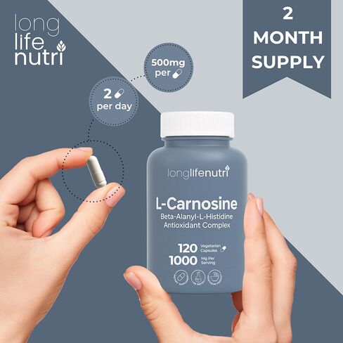 LongLifeNutri L-Carnosine 1000mg - مكمل Beta-Alanyl-L-Histidine للطاقة الخلوية ووضوح الدماغ، 120 كبسولة نباتية، كمية تكفي لمدة شهرين، معتمد من GMP، صنع في الولايات المتحدة الأمريكية in Kuwait
