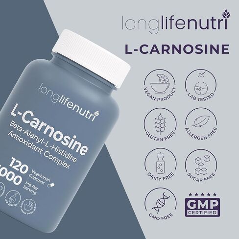 LongLifeNutri L-Carnosine 1000mg - مكمل Beta-Alanyl-L-Histidine للطاقة الخلوية ووضوح الدماغ، 120 كبسولة نباتية، كمية تكفي لمدة شهرين، معتمد من GMP، صنع في الولايات المتحدة الأمريكية in Kuwait