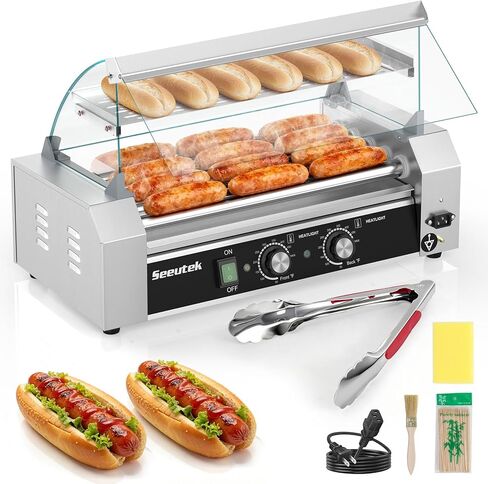 Seeutek Hot Dog Roller Machine, 7 Stainless Steel Hot Dog Rollers with Mesh Rack, Dust Cover, Oil Pan, Dual Temp Control and LED Light, 18 Hotdogs Electric Hotdog Grill Cooker Commercial Grade in Saudi Arabia