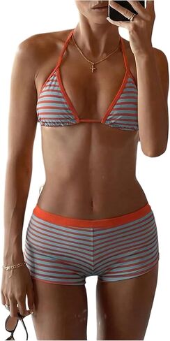 MAKEMECHIC Women's Striped Bikini Set Halter Triangle Tie Backless String Swimsuit with Boyshorts in Saudi Arabia
