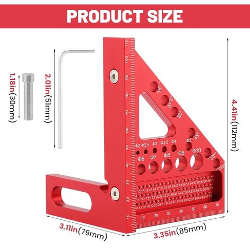 3D Multi-Angle Measuring Ruler, 22.5/30/45/60/67.5/75°Degree Aluminum Alloy Woodworking Square Protractor Multi Hole Miter Triangle Ruler Woodworking Tool(Red) in Kuwait