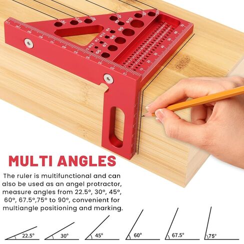 3D Multi-Angle Measuring Ruler, 22.5/30/45/60/67.5/75°Degree Aluminum Alloy Woodworking Square Protractor Multi Hole Miter Triangle Ruler Woodworking Tool(Red) in Kuwait