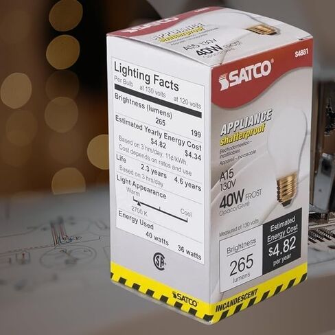 Satco S4881-40 Watt A15 لمبة إضاءة الصقيع المتوهجة، 2500 متوسط ​​الساعات المقدرة، 265 لومن، قاعدة متوسطة E26، 130 فولت، قابلة للتعتيم، مقاومة للكسر، 1.88 × 3.5 بوصة، عبوتان in Kuwait