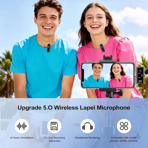 ميكروفون Lavalier لاسلكي لأجهزة iPhone iPad Android، وميكروفون Lightning وUSB C لهاتف iPhone 16 15، وحقيبة شحن 24 ساعة، وميكروفون طية صدر السترة لإلغاء الضوضاء لتسجيل الفيديو ومدونات الفيديو in Kuwait