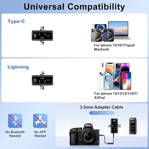 ميكروفون Lavalier لاسلكي لأجهزة iPhone iPad Android، وميكروفون Lightning وUSB C لهاتف iPhone 16 15، وحقيبة شحن 24 ساعة، وميكروفون طية صدر السترة لإلغاء الضوضاء لتسجيل الفيديو ومدونات الفيديو in Kuwait