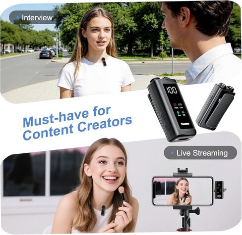ميكروفون Lavalier لاسلكي لأجهزة iPhone iPad Android، وميكروفون Lightning وUSB C لهاتف iPhone 16 15، وحقيبة شحن 24 ساعة، وميكروفون طية صدر السترة لإلغاء الضوضاء لتسجيل الفيديو ومدونات الفيديو in Kuwait