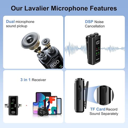 ميكروفون Lavalier لاسلكي لأجهزة iPhone iPad Android، وميكروفون Lightning وUSB C لهاتف iPhone 16 15، وحقيبة شحن 24 ساعة، وميكروفون طية صدر السترة لإلغاء الضوضاء لتسجيل الفيديو ومدونات الفيديو in Kuwait