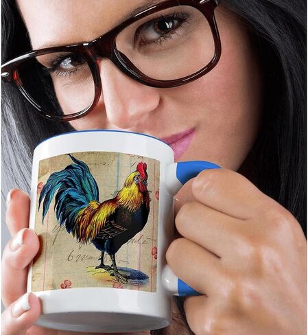 الفن الرقمي 3dRose Vintage Rooster من Angelandspot كوب أزرق بلونين سعة 11 أونصة in Kuwait