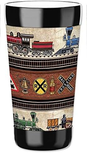 كوب السفر Mugzie سعة 16 أونصة - كوب للشرب مع غطاء بذلة معزول قابل للإزالة - القطارات واللافتات - صورة دان موريس in Kuwait