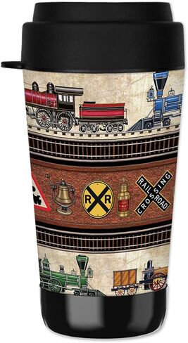 كوب السفر Mugzie سعة 16 أونصة - كوب للشرب مع غطاء بذلة معزول قابل للإزالة - القطارات واللافتات - صورة دان موريس in Kuwait