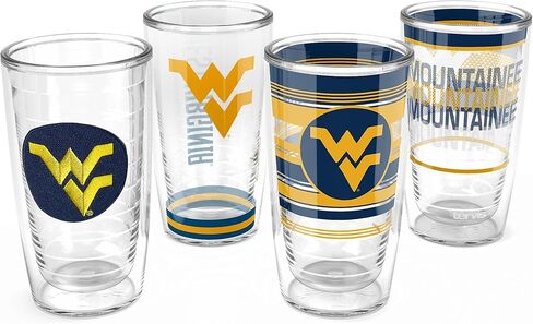 كوب سفر Tervis West Virginia Mountaineers - متنوع مصنوع في الولايات المتحدة الأمريكية بجدار مزدوج معزول يحافظ على المشروبات باردة وساخنة، 16oz 4pk، كلاسيكي in Kuwait