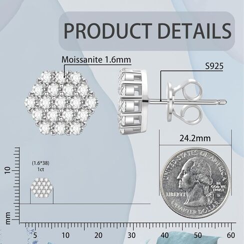 Geometric Rhombus VVS Synthetic Moissanite S925 Stud Earrings Jewelry Gift for Men Women, 1ct Total Weight, S925 Sterling Silver, Round Cut, White/Gold in Saudi Arabia