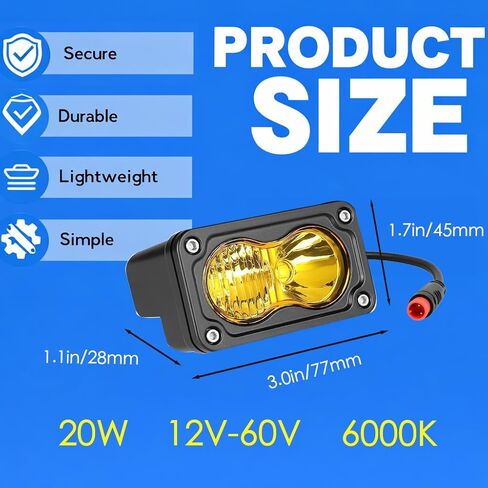 Ebike Headlight for Rad Power, 2 Pin Headlight for E-Bikes Compatible with RadMini RadRover RadExpand RadRunner Vamoose Mammoth Clear White, 20W 6000-6500K Waterproof Ebike LED Light (Yellow) in Kuwait