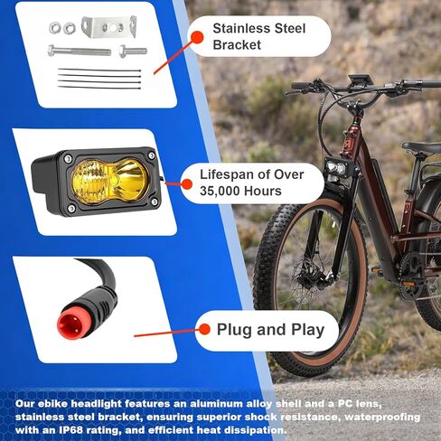 Ebike Headlight for Rad Power, 2 Pin Headlight for E-Bikes Compatible with RadMini RadRover RadExpand RadRunner Vamoose Mammoth Clear White, 20W 6000-6500K Waterproof Ebike LED Light (Yellow) in Kuwait