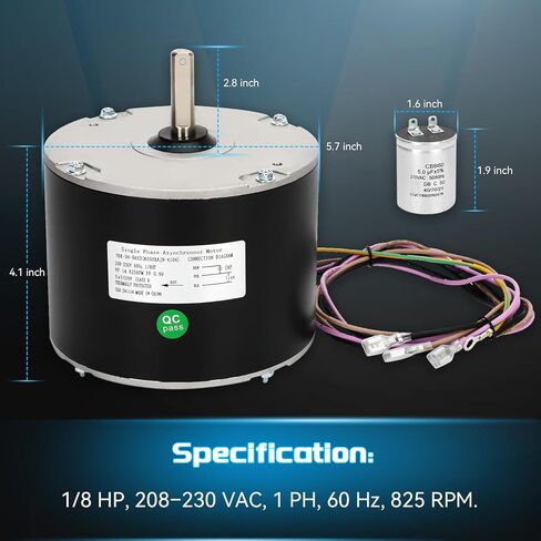 MOT18688 Condenser Fan Motor 1/8 HP 208-230V 825 RPM Replacement for Trane, Replaces MOT12215, MOT12004, MOT10514, HVAC Fan Motor in Kuwait