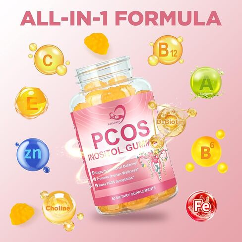 PCOS Inositol Gummies for Ovarian & Hormonal Balance, 60 Count PCOS Gummies with Myo-Inositol, Folate & Zinc Helps Menstrual Cycle, Orange Flavor Ovulation Gummy for Wellness Ovulation & Fertility in Kuwait