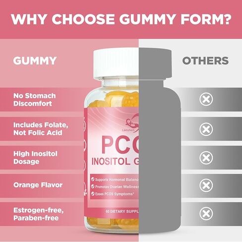 PCOS Inositol Gummies for Ovarian & Hormonal Balance, 60 Count PCOS Gummies with Myo-Inositol, Folate & Zinc Helps Menstrual Cycle, Orange Flavor Ovulation Gummy for Wellness Ovulation & Fertility in Kuwait