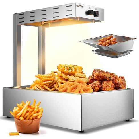 Wantjoin French Fry Warmer - 10.5QT Large Food Heat Lamp for Chips Commercial Heat Light Free, Food Warmer Countertop, Standing Warming Dump Station Churros Fried Food, Home, Restaurant, Silver in Kuwait