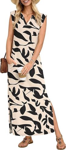 AUSELILY Women's V Neck Maxi Dresses, Casual Loose Split Sleeveless Wrinkle-Free Long Summer Vacation Dress with Pockets 2026 in Saudi Arabia