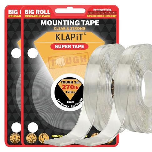 Klapit Super Tape - لاصقة صافية مزدوجة على الوجهين ، تقنية نانو محسنة تصاعد مقاومة للماء للداخلية والخارجية ، الحجر ، البلاط ، الخشب ، الزجاج ، الجدار ، المعدن - 270 رطل 2.28 رطل لكل بوصة in Saudi Arabia