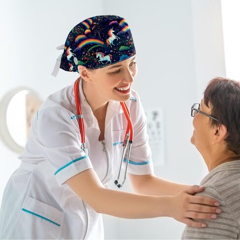 قبعات فرك للنساء، قبعات جراحية بأزرار، قبعة ممرضة على شكل ذيل حصان، قبعات فرك منتفخة مع شعر مموج قابل للتعديل، وحيد القرن الكرتوني على شكل حيوان قوس قزح لطيف in Kuwait