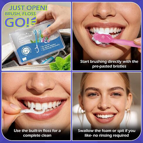 40 Pack Prepasted Mini Disposable Toothbrushes - No Water Travel Toothbrush with Built-in Greentea Bead for Hotel Camping Flight Car Guest Use - 10ct per Portable Case Essentials for Women Men Kids in Saudi Arabia
