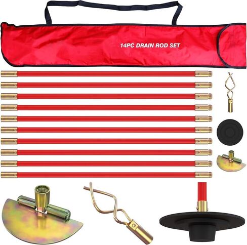 Pro 30ft Drain Rod Set Kit in Carry Bag Professional Heavy Duty Unlock Plunger Worm Scraper Cleaning Rods Rodding 14 PC 9m Length in Kuwait