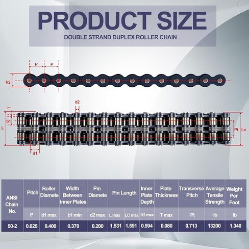 50-2 Roller Chain Double Strand Duplex 10 Feet with 5 Connecting Link for Gate Openers Machine Equipment in Kuwait