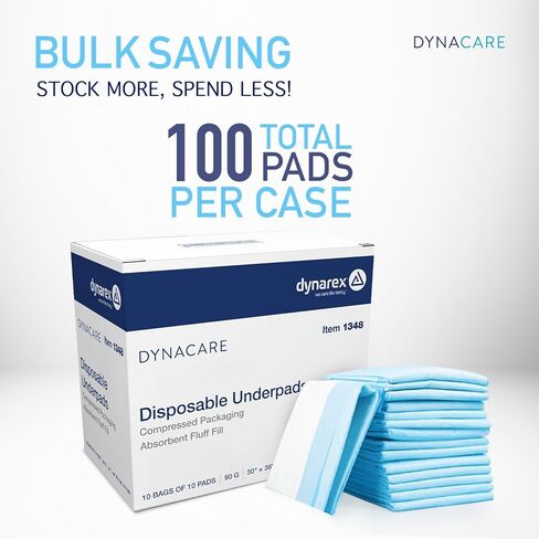 Dynarex Disposable Underpads, with Polymer, Medical-Grade Incontinence Bed Pads to Protect Sheets, 30" x 36" (105g), 1 Case of 100 Underpads (10 Boxes of 10) in Kuwait