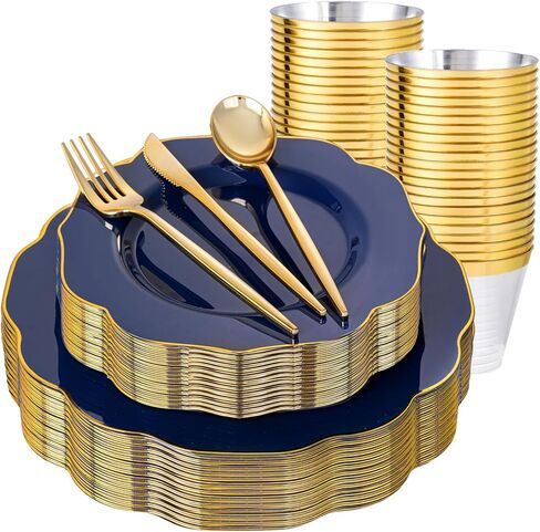 bUCLA 180PCS Pink Plastic Plates - Pink with Gold Rim Disposable for Party Include 30 Each (Dinner & Dessert) Plates, 30 Knives, 30 Forks, 30 Spoons, 30 Cups for Wedding, Birthday & Mother's Day in Saudi Arabia