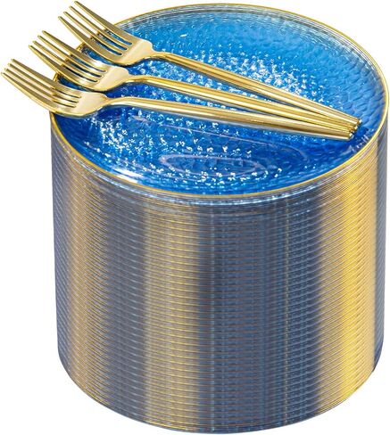 Rubtlamp 200 Pcs Clear Gold Dessert Plates with Forks, 6 inch Hammered Gold Small Disposable Plates, Fancy Appetizer Platos Include 100 Cake Plate,6 inch 100 gold Forks for Birthday, Wedding, Teatime in Saudi Arabia