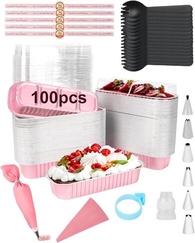 YQER 100 Pack Mini Cake Pans with Lids Spoons & 1 Piping Bag and Tips Set – 6.8oz Disposable Aluminum Foil Pink Mini Loaf Pans for Cake Tins, Baking, Gift & Parties in Saudi Arabia
