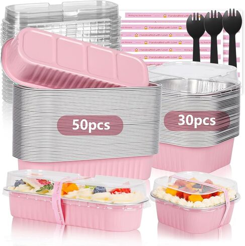 YQER 100 Pack Mini Cake Pans with Lids Spoons & 1 Piping Bag and Tips Set – 6.8oz Disposable Aluminum Foil Pink Mini Loaf Pans for Cake Tins, Baking, Gift & Parties in Kuwait