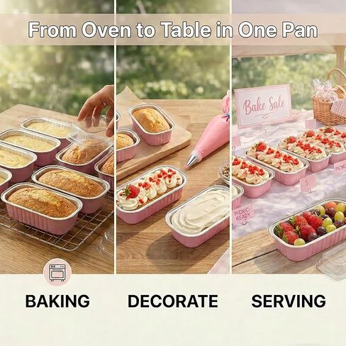 YQER 100 Pack Mini Cake Pans with Lids Spoons & 1 Piping Bag and Tips Set – 6.8oz Disposable Aluminum Foil Pink Mini Loaf Pans for Cake Tins, Baking, Gift & Parties in Saudi Arabia